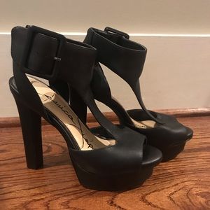 Jessica Simpson black leather platform heels